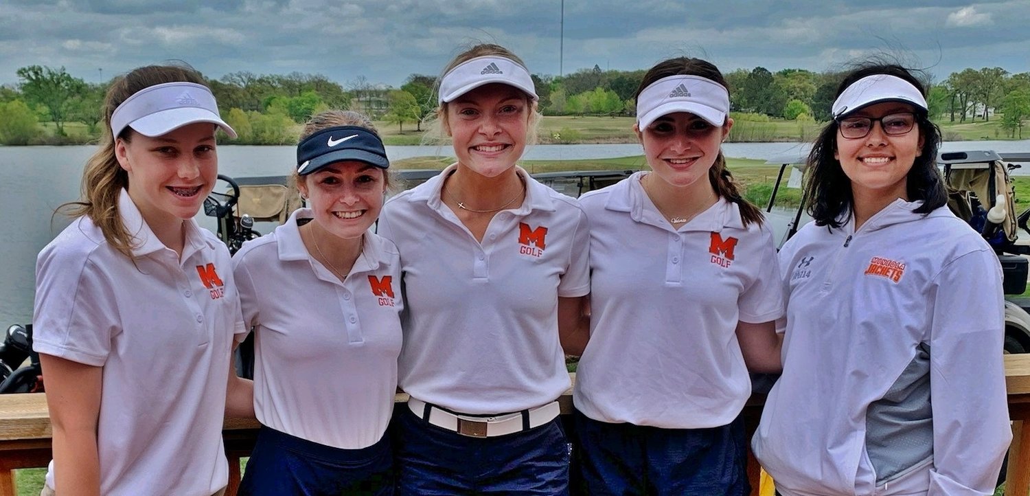 The district champion Lady Jackets golf team, left to right, are Allie Hooten, Sunni Ruffin, Ava Johnson, Valerie Moreland and Savannah Lopez.